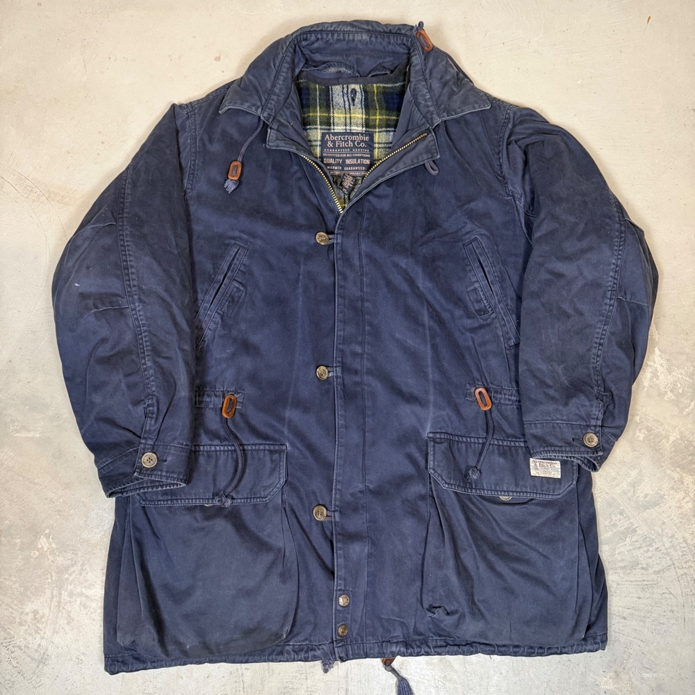 Vtg Abercrombie & Fitch Navy Blue Cotton Plaid Lined Field Jacket Parka Large